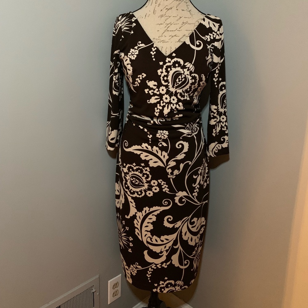 David Meister Classic Floral print dress - Size 10 - Brown and Cream